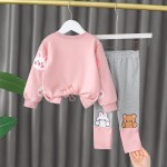 Σετ κολάν - μπλούζα μακρυμάνικη με σχέδιο ζωάκια και ραμμένο τσαντάκι, ροζ - γκρι